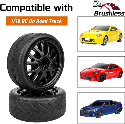 4PCS 1/10 RC On-Road Tires & Wheels 12mm Hex Preglued for Tamiya HSP HPI RC Racing Car...