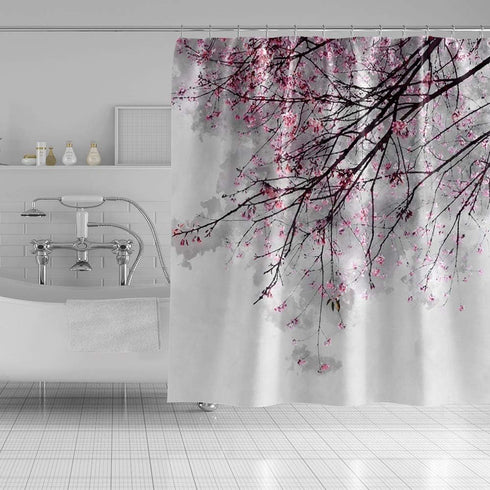 OERJU Cherry Blossoms Shower Curtain Pink Flower Japanese National Flower Bath Curtain Waterproof Polyester Fabric Bathroom Decor Set with Hooks 7...