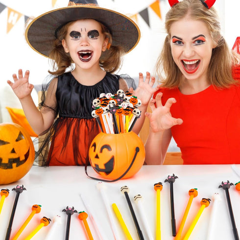 30 Pcs Halloween Pens, Pumpkin Skull Heads Ghost Bat Shape Pens, 0.5 MM Bulk Black Rollerball Pen for Halloween Thanksgiving Party Supplies School...