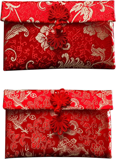 2-Pack Silk Red Envelopes, Dragon and Phoenix Embroidered Chinese Red Pocket, Lucky Money HongBao Card Cash Envelope for New Year Spring Festival ...