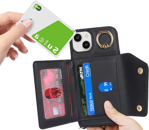 for iPhone 15 Plus Case with Card Holder and Strap - Zipper Pocket,Crossbody Lanyard Strap,Credit Card Holder,Stand Ring,Cute Phone Wallet Case fo...