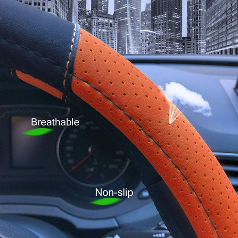 Leather Steering Wheel Cover, Breathable, Anti Slip & Odor Free, Black and Orange...