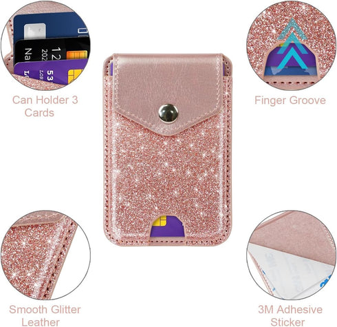 Self Adhesive Card Holders for Back of Phone, Cute Leather RFID Phone Wallet Pockets with Snap, Slim Card Holders Sleeve for Phone Case, Glitter R...