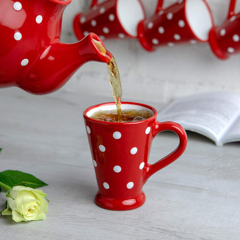 City to Cottage Handmade Red and White Polka Dot Ceramic Coffee, Tea, Latte Mug, Cup with Large Handle, Unique 7 oz / 200ml Designer Pottery for T...