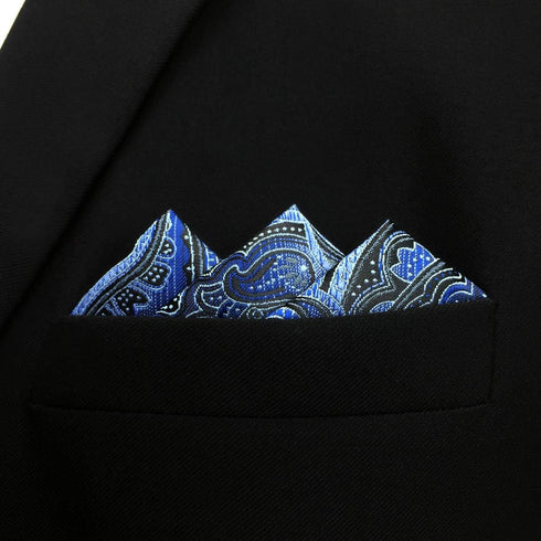 SHLAX&WING Pocket Square for Men Geometric Blue Black Silk Paisley Hanky...