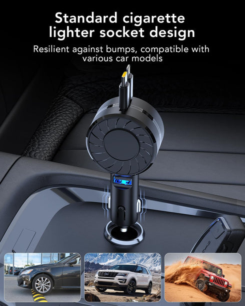 Retractable Car Charger, 3 in 1 Fast Car Phone Charger, 2 Retractable Cables and 1 USB Ports Small Car Charger Adapter, Car Charger Compatible wit...