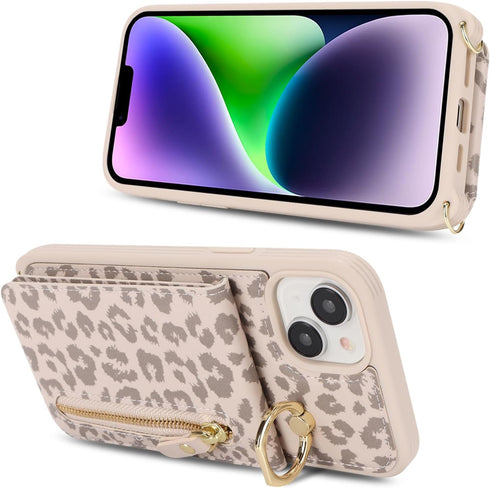 iPhone 13 Case with Card Holder for Women, iPhone 13 Phone Case Wallet with Strap Credit Card Slots Crossbody with Kickstand Zipper Case for iPhon...