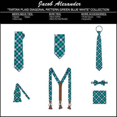 Jacob Alexander Men's Tartan Plaid Pattern Pre-Tied Adjustable Banded Bow Tie - Green Blue White...