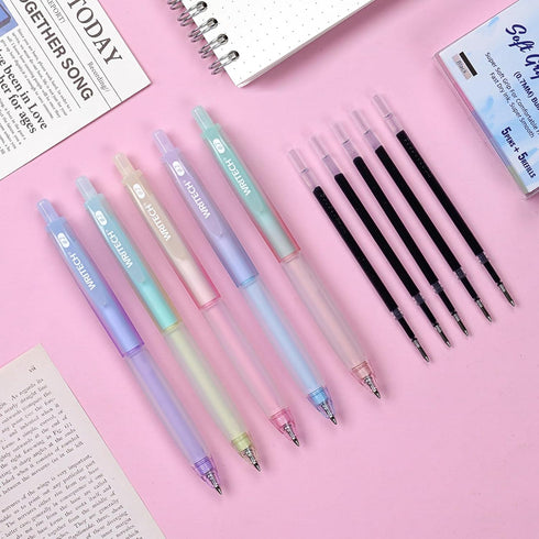 WRITECH Retractable Gel Ink Pens: 0.7mm Black-Ink Aesthetic Gradient Color Barrel Soft Grip Medium Point Pen 5ct with 5 Refills for Journaling Smo...