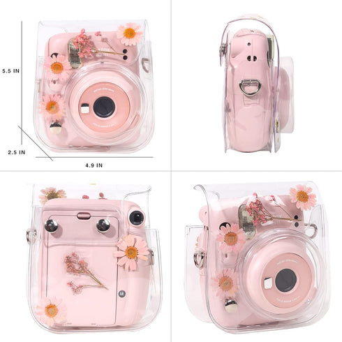 Case for Fujifilm Mini 12/11/9/8 Instant Camera Protective Bag with Transparent Shoulder Strap (Real Flower - Pink)(No Camera)...