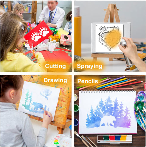 20 Pieces Stencil for Painting, Reusable Bear Mountain Tree Stencils Bear Paw Template Forest Animal Wildlife Wood Burning Stencils for Wood Wall ...