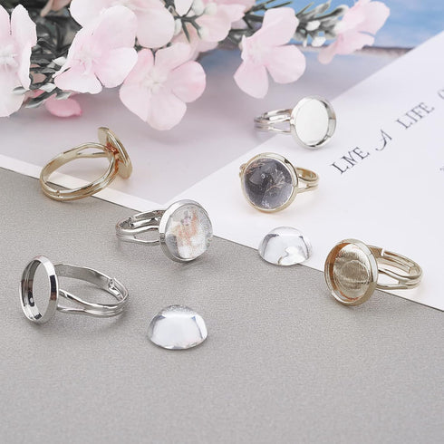 SUNNYCLUE 30Pcs 12mm Adjustable Cabochon Ring Settings with 30Pcs Round Glass Dome Cabochons Blank Finger Rings for DIY Ring Making Jewelry Making...