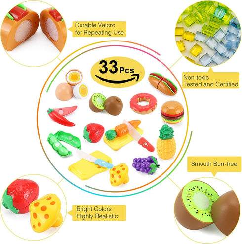 33pcs Cutting Pretend Play Food Toys for Kids Kitchen Set Playset Accessories BPA Free Peel & Cut Toy Food Fruits and Vegetables Toys, Christmas B...