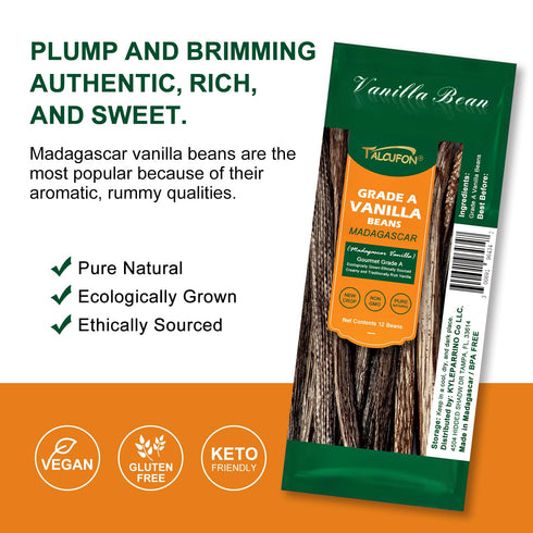 TALCUFON 12 Madagascar Origin Vanilla Beans Grade A Whole Vanilla Pods for Vanilla Extract and Baking...