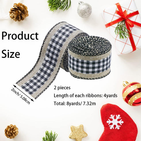 2 Rolls 8 Yards Buffalo Plaid Ribbons Burlap Wired Edge Plaid Ribbons 2 Inch Wide Check Gingham Fabric Craft Ribbon for Gift DIY Bows Home Party W...