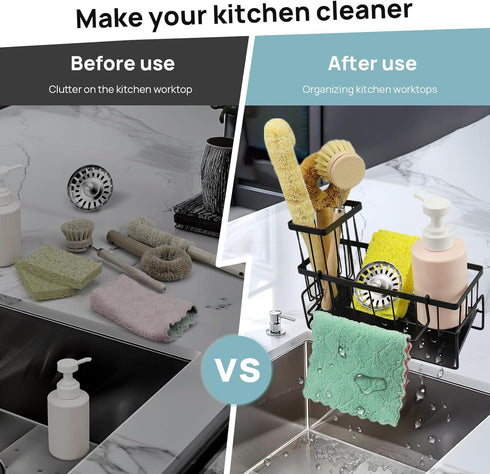 Sink Caddy Kitchen Sink Organizer, Rustproof Sponge Holder with Brush Holder and Dish Cloth Hange, Self-Draining Soap Dispenser Storage with Divid...