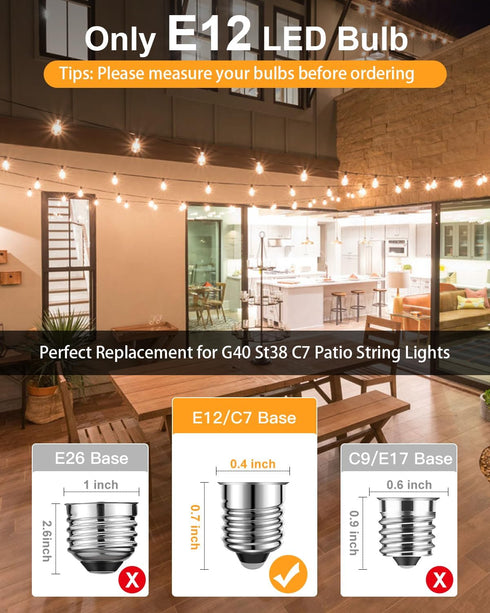 GLUROO G40 LED Replacement Light Bulbs, 1W Shatterproof Globe Bulbs for Outdoor String Lights Dimmable Eidison Bulb fits E12 C7 Screw Base, Equval...