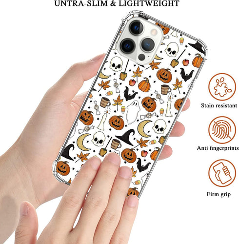 Autumn Fall Leaves Moon Pumpkin Pattern Case for iPhone 14 Pro Max, Retro Halloween Funny Pumpkin Case for Girls Women Men, Unique Trendy TPU Bump...
