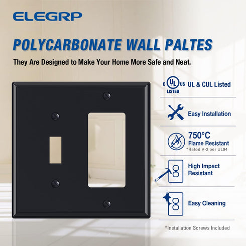 Combination Wall Plate ELEGRP 2-Gang 1-Toggle Light Switch 1-Decorator/GFCI Device Combination Wall Plates, Mid-Size 4.88" x 4.94" Unbreakable The...