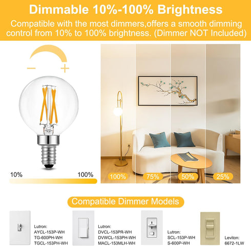 BRIMAX 10 Pack G16.5 Light Bulbs,Dimmable 4W E12 LED Bulbs Equivalent 40W Bulbs,Small Globe Edison Bulb 2700K Warm White,AC120V,Flicker Free for C...