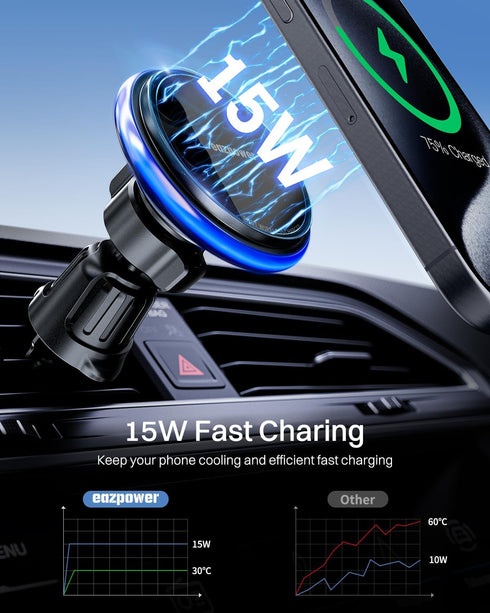 for Magsafe Car Mount Charger, 15W Fast Charging LED Magnetic Wireless Car Charger, Car Phone Holder Charger Mount Fits Air Vent Dashboard for iPh...