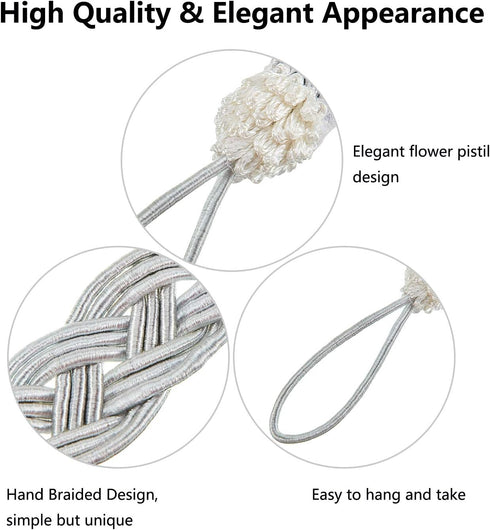Blulu 6 Pieces Braided Curtain Tiebacks Rope Belt Curtain Ties and 6 Pieces Hooks Metal Curtain Tieback Hooks for Window Curtain Accessories (Silv...