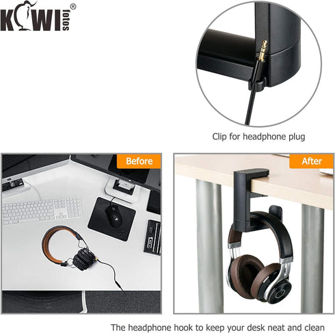 KIWIFOTOS Headphone Stand Holder Under Desk, PC Gaming Headset Hook Hanger Mount with 360 Adjustable Rotating Arm Clamp & Built in Cable Clip - Bl...