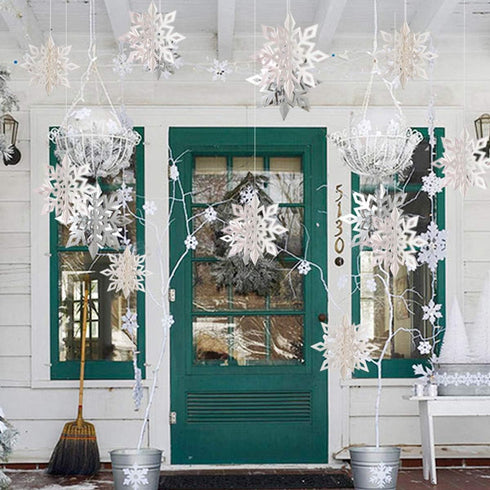 OuMuaMua Winter Christmas Hanging Snowflake Decorations, 12PCS Snowflakes Garland & 12PCS 3D Glittery Large White Snowflake for Christmas Winter W...