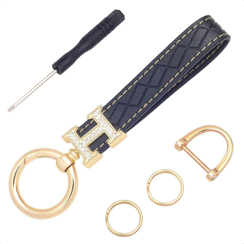 Black Leather double Bling Rhinestones keychain Fingerprint Resistant Plating Metal Key Chain Ring...