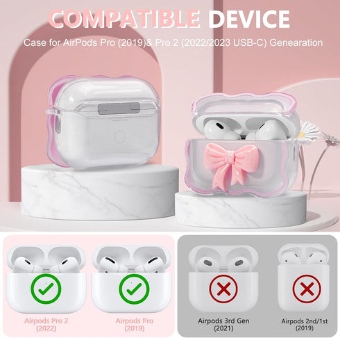 Airpods Pro 2nd Generation Case with Cute 3D Colour Bow Design Soft Clear TPU Cover with Cute Keychain, Airpods Pro Case Cleaning Pen Kit for Woma...