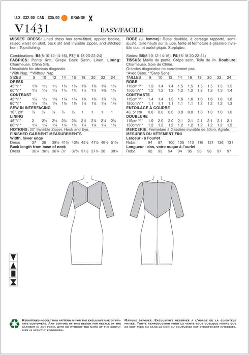Vogue Patterns V1431F50 Misses' Dress Sewing Template, Size F5 (16-18-20-22-24)...