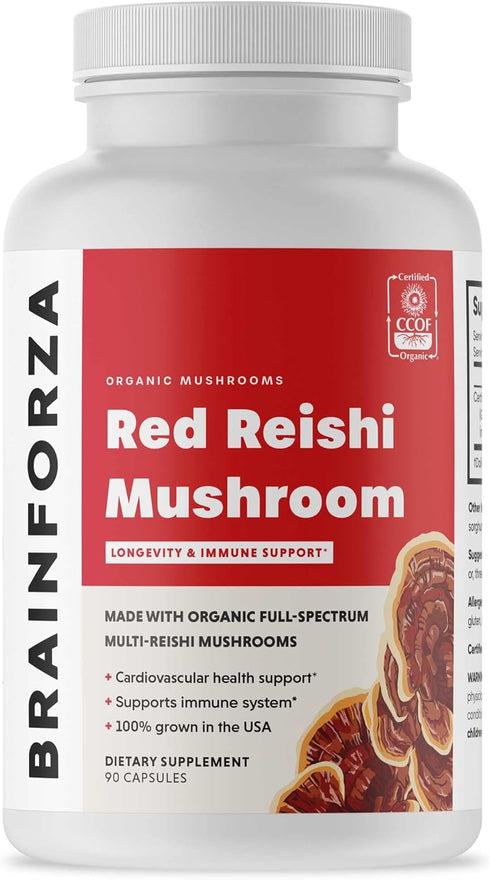Brain Forza Organic Red Reishi Mushroom Capsules, Adaptogenic Mushroom Powered Immune Support, Heart and Cardiovascular Health, General Wellness a...