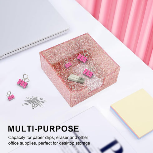 Acrylic Sticky Note Holder, Self Stick Note Pad Holder, 3.94 x 3.94 Inch Glitter Sticky Note Dispenser, Memo Pad Holder Dispenser Organizer for Sc...