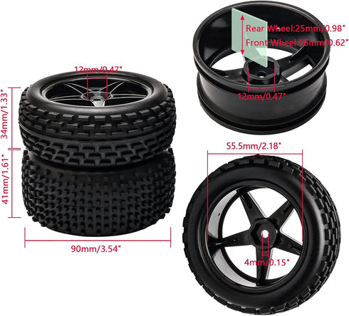 JIUWU 1:10 Scale Off Road RC Buggy Front Wheels and Tyres x4 Black 5 Spoke for HSP...