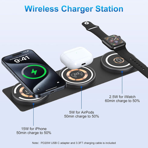Magnetic Wireless Charger for iPhone,Foldable 3 in 1 Charging Station,Mag-Safe Travel Wireless Charger for iPhone 15 14 13 12 Pro/Pro Max/Plus,iWa...
