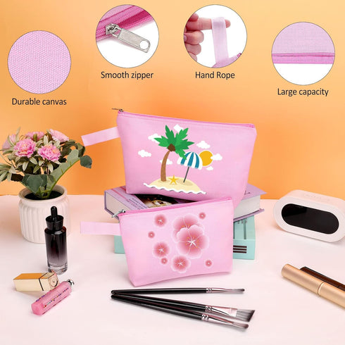10 Pieces Cotton Canvas Makeup Bag with Bottom and Strap, Multi-Purpose Cosmetic Bag with Zipper Travel Toiletry Pouch, Blank DIY Craft Bag (Pink,...