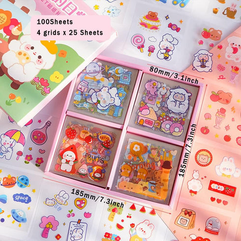 Kawaii Cartoon Rabbit Bear Stickers - EAMOTOL 800 PCS/100 Sheets Transparent PVC Cute Animals Bunny Sticker Kit for Scrapbooking Supplies Planner ...