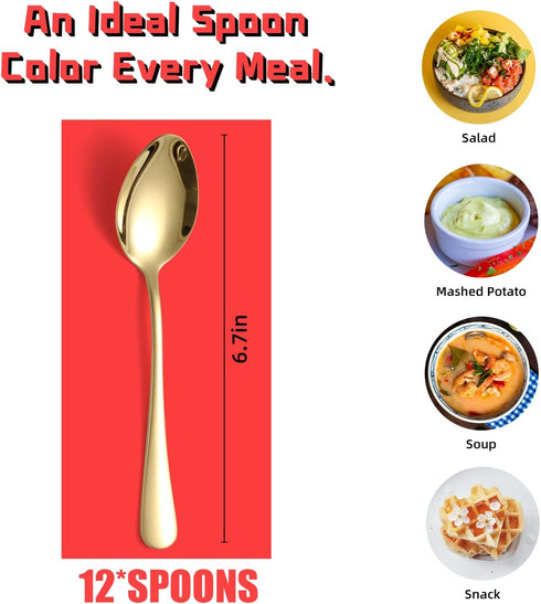 Gold Soup Spoons, Set of 12 pcs Dinner Spoon Silverware, 6.8 inch Stainless Steel Flatware, Home Kitchen Utensil Cutlery, Mirror Polished Tablewar...