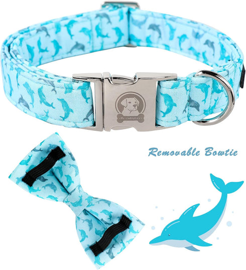 MR. CHUBBYFACE Summer Dog Collar Blue Collar with Bow Adjustable Dolphin Dog Collar Bowtie for Small Medium Large Dogs...