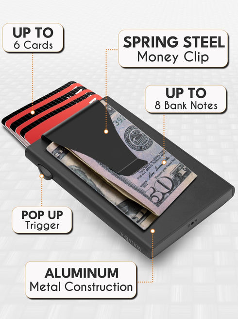 Pop Up Stealth Wallet with Money Clip - RFID Blocking Minimalist Wallet for Men, Aluminum Metal Wallet Slim Mens Wallet for Everyday Use and Trave...