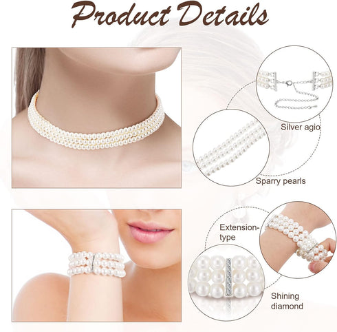 Women's Pearl Jewelry Set Multi Layer Faux Pearl Choker Necklace Pearl Stretch Bracelet Hoop Pearl Dangle Earrings Long Tassel Earrings Valentines...