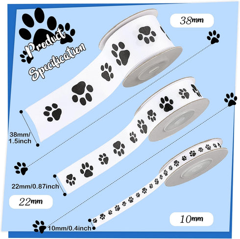 3 Rolls Paw Print Ribbon Gift Wrapping Dog Grosgrain Ribbon for DIY Crafts Bows Dog Pet Party Supplies Gift Wrapping Decoration, 15 Yards, White a...