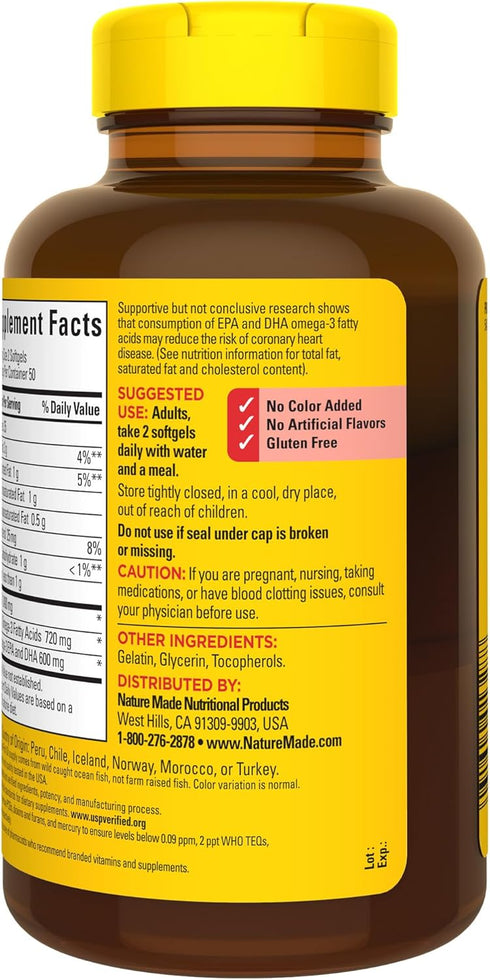 Nature Made Fish Oil 1200 mg Softgels, Fish Oil Supplements, Omega 3 Fish Oil for Healthy Heart Support, Omega 3 Supplement with 100 Softgels, 50 ...