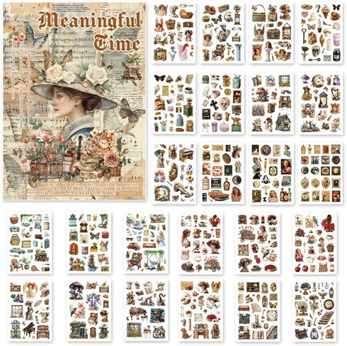 Vintage Washi Stickers Book, 24 Sheets Die-Cut Sticker Book with Meaningful Time Theme for Phone Scrapbook Junk Journal Collage DIY Crafts...