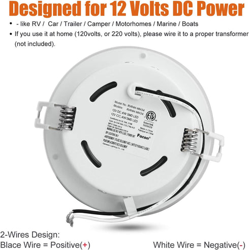 Facon 4.5inch 12V LED RV Puck Light - DLFST4-008/RVR4H-MH34, 3400K Warm White, Full Aluminum Recessed 12Volt Interior Ceiling Lights for RV, Campe...