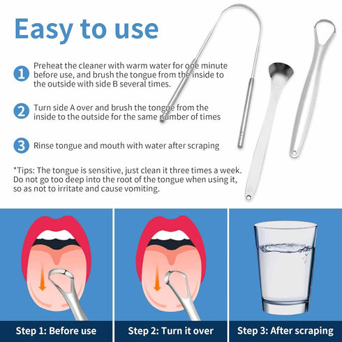 Tongue Scraper (3 Pack), Bad Breath Treatment Tongue Scraper for Adults, Medical Grade 100% Stainless Steel for Oral Care, Easy to Use Tongue Clea...