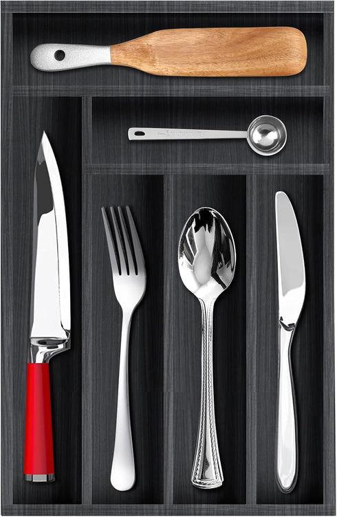 Ayiaren Kitchen Wood Utensil Tray Drawer Organizer, Wooden Cutlery Tray Silverware Drawer Divider 14.6"x9.5" Flatware Organizer Black Bamboo Silve...