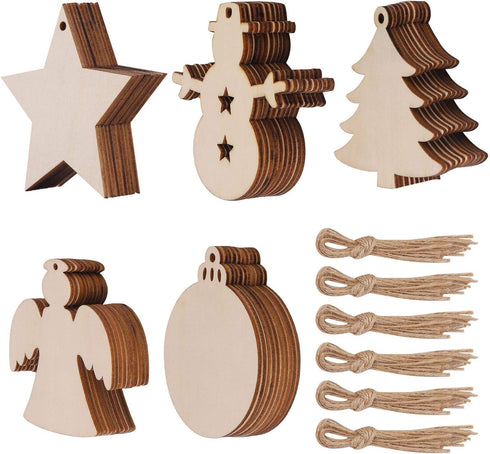 50 Pcs Unfinished Paintable Blank Wooden Christmas Festival Decoration Ornaments, Xmas Tree Hanging Wood Slices for Kids DIY Art Crafts, 5 Designs...