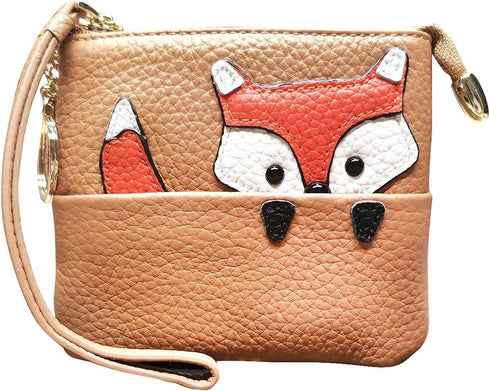 Fox Pattern Leather Coin Purse Keychain Change Pouch Wallet with Zippered(brown)...