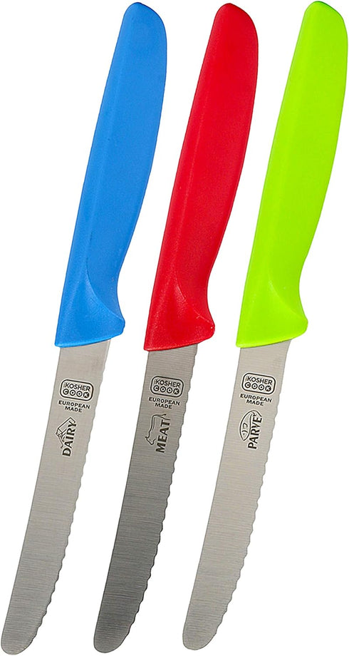 Kitchen Knife 3-Piece Set - 4.5 inches - Steak and Vegetable Knife - Razor Sharp Curved Tip, Serrated Edge - Color Coded Kitchen Tools by The Kosh...